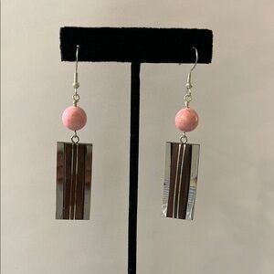 Pink gemstone, Wood stainless steel and sterling silver earrings